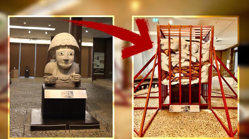 Kafes ve kum torbalarıyla çevrelenmiş... Hatay'daki tarih eserlere artçı depremlere karşı önlem! Şuppiluliuma heykeli ve Arsuz stelleri...