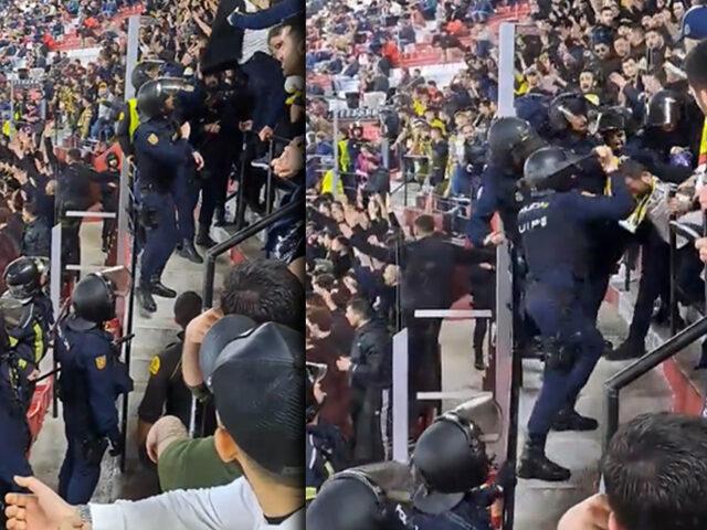 Sevilla Fenerbahçe maçında sarı-lacivertli taraftarlara polis saldırdı! Bir taraftarın suratına copla vurdular...
