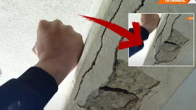 Kolona yumruk atınca darmadağın oldu! Küçük bir darbe bile... İstanbul'daki binada akılalmaz manzara 'Deprem olsa temelden aşağıya inmeyecek birbirine geçecek'