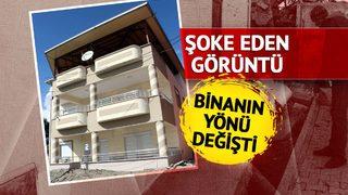 Depremde binanın yönü değişmiş! Şoke eden görüntü... Bina bir tarafta kaldırım bir tarafta