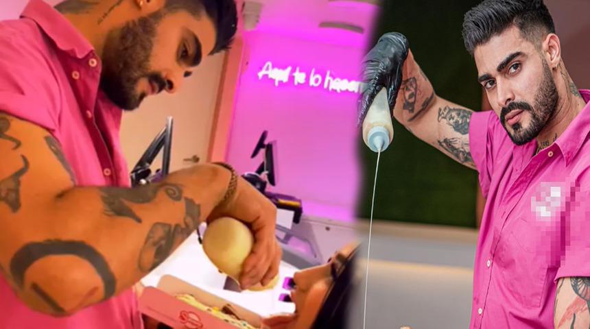 Böyle dondurmacı ne görüldü ne duyuldu! Cinsel organ şeklinde dondurma yapıyor... Yetmiyor yarı çıplak müşterilerine krema döküyor