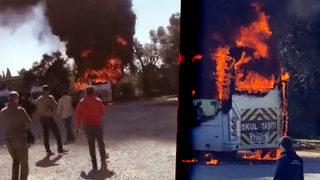 Marşa bastığı an alev topuna döndü! Okul servisi yanarken yürekler ağza geldi: Bodrum sakinlerini korkutan kara dumanlar gökyüzünü kapladı