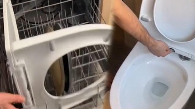 Görenlere ‘Bu nasıl temizlik’ dedirtti! Klozet kapağını bulaşık makinesinin içine koyup yıkadı