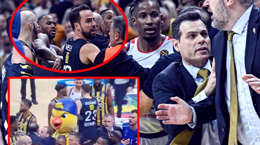 Türk derbisinde büyük olay! Fenerbahçe Beko - Anadolu Efes maçının son anlarında kavga çıktı, maskot parkeye daldı! Ergin Ataman'ın salonu terk etmesinden sonra...