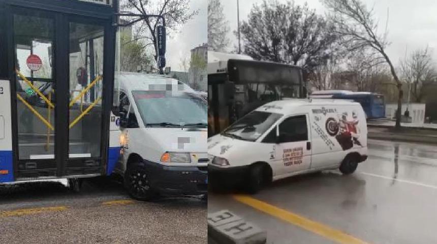 Otobüs şoförü önünü kesen aracı metrelerce sürükledi!  Görenler şaşkınlığını gizleyemedi