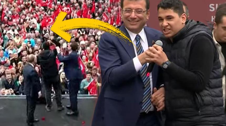 Ekrem İmamoğlu'nun mitinginde dikkat çeken anlar! Mikrofonu gencin elinden aldı: Kerata yakacak şimdi burayı