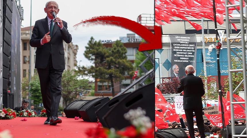 Kılıçdaroğlu'nun konuştuğu sahnenin karşısına asıldı! Demirtaş detayı... AK Partili isim paylaştı: 'Hayırdır yazıyı mı göremediniz?'