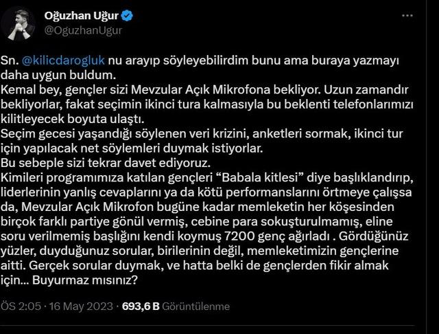 Oğuzhan Uğur'dan Kemal Kılıçdaroğlu'na çağrı: Gerçek sorular duymak, ve hatta belki de gençlerden fikir almak için…