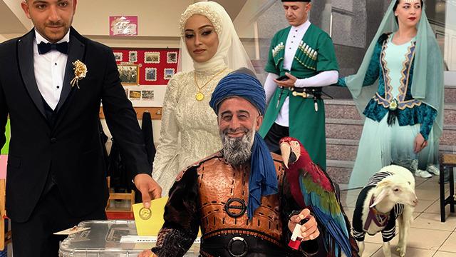 Sandık başında renkli görüntüler! Kimi papağanıyla, kimi de gelinlik ve damatlığıyla geldi