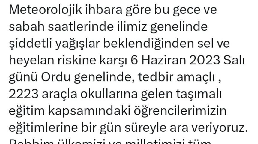 Ordu’da sel tehlikesi nedeniyle taşımalı sistem eğitime 1 gün ara verildi