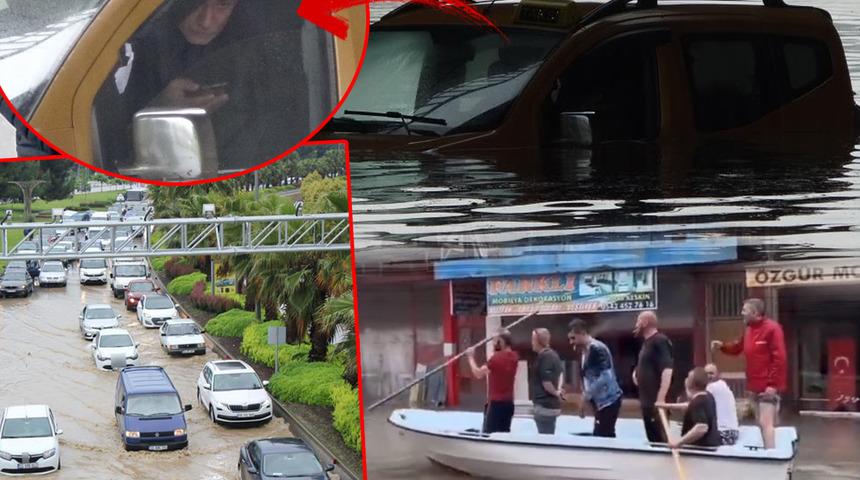 Trafiğin ortasında sular içinde mahsur kaldı! Samsun'da akılalmaz 'sel' manzaraları: Çareyi kayıkla kürek çekmekte buldular