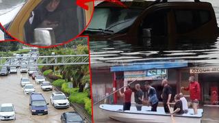 Trafiğin ortasında sular içinde mahsur kaldı! Samsun'da akılalmaz 'sel' manzaraları: Çareyi kayıkla kürek çekmekte buldular