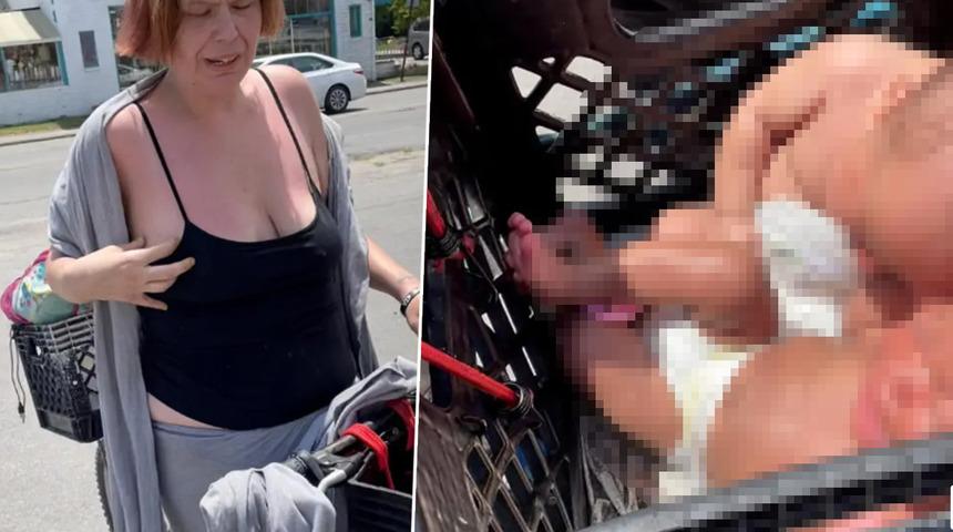 Skandal görüntüler! 2 aylık bebeklerini kasanın içine koyup böyle gezdirdi... Ceza almaktan kurtulmadı
