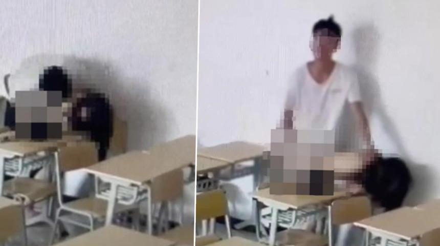 Öğrenciler sınıfın boş olduğunu zannetti! Cinsel ilişki anlarını saniye saniye güvenlik kamerası kaydetti