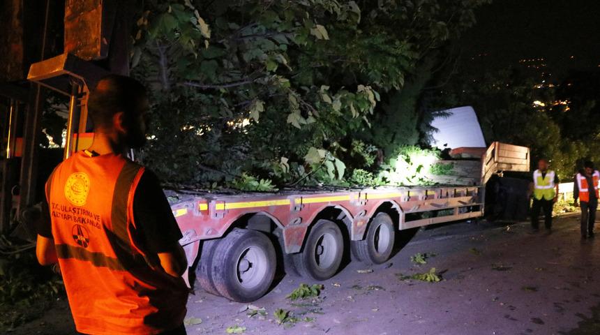 Kocaeli'de balataları ısınan iş makinesi yüklü tır bariyere ve ağaca çarptı