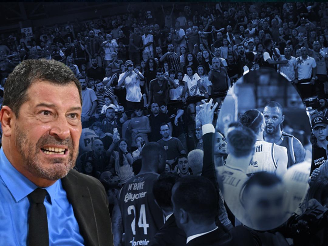 Final ma&ccedil;ının son saniyesinde ortalık karıştı! Taraftarlar parkeye inmeye &ccedil;alıştı, Ufuk Sarıca tepki g&ouml;sterdi...