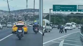 Köprü üzerinde taksici ile motosikletlinin kavgası şoke etti! Taksiden inip koşarak kovaladı...