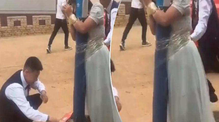 Sosyal medyayı ayağa kaldıran görüntü! Böyle düğün geleneği görülmedi... Nedimeleri elektrik direğine bağladılar