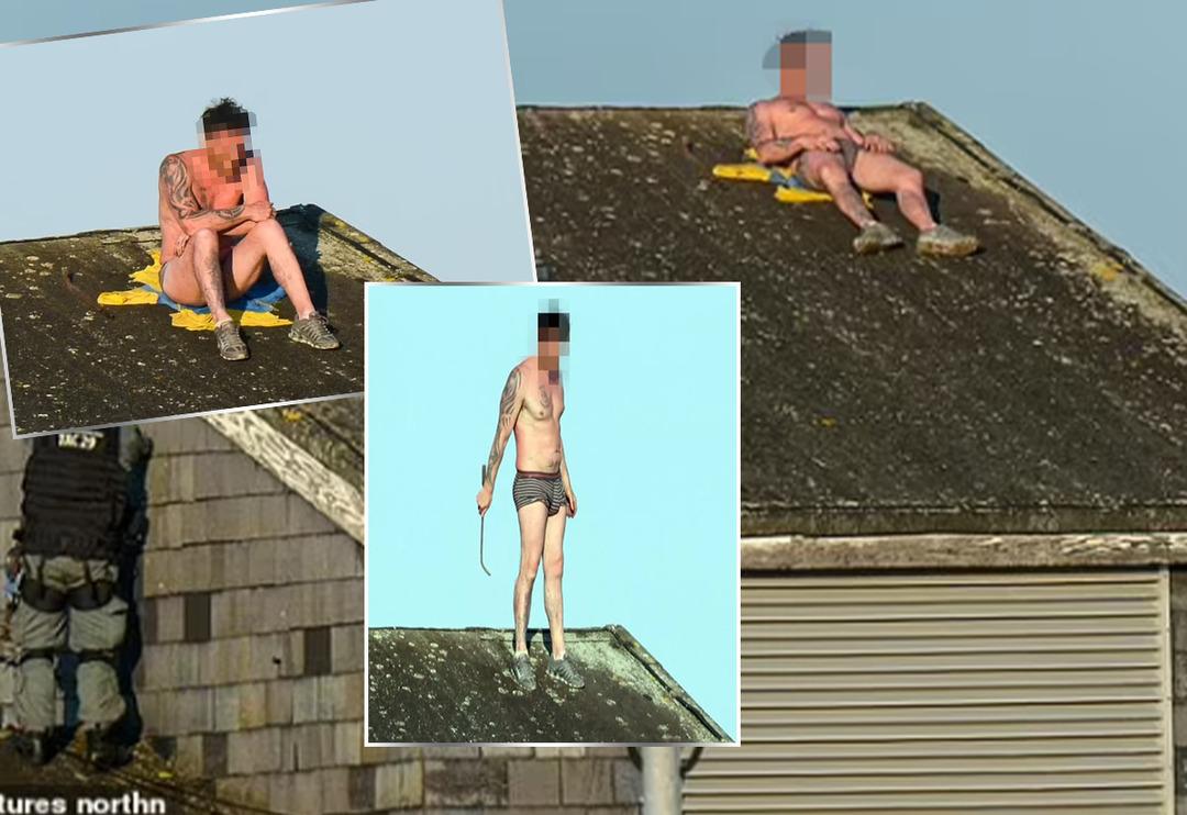 Mahkum yarı &ccedil;ıplak hapishanenin &ccedil;atısına &ccedil;ıkıp protesto yaptı! G&uuml;neşlenir gibi uzandı... Polisler ikna etmek i&ccedil;in saatlerce uğraştı