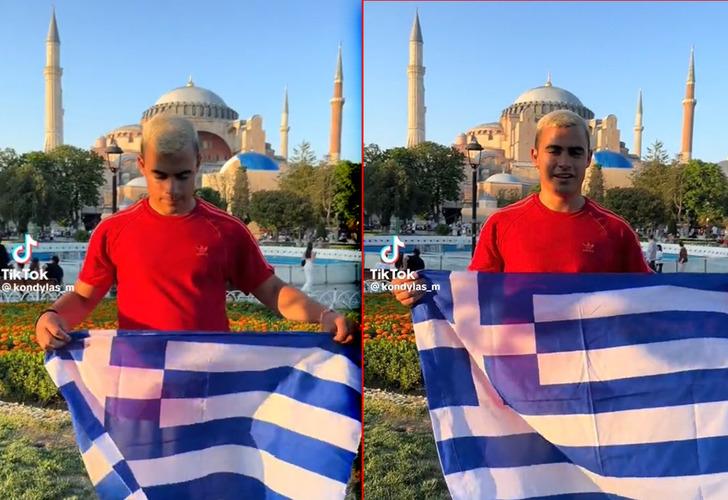 Yunan sosyal medya fenomeninden Ayasofya Camii önünde çirkin provokasyon! Önce bayrak açtı, sonra... 'İstanbul' sözleri de tepki topladı