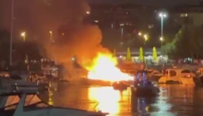 Maltepe’de korkutan yangın! Sahildeki tekne alev alev yandı