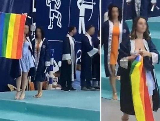 Mezuniyet töreninde LGBT bayrağı açtı! Üniversiteden açıklama