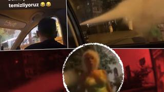 Kaldırımda bekleyen kadınlar üzerlerine yangın tüpü sıkılınca neye uğradığını şaşırdı! O anları sosyal medyadan küstahça paylaştılar