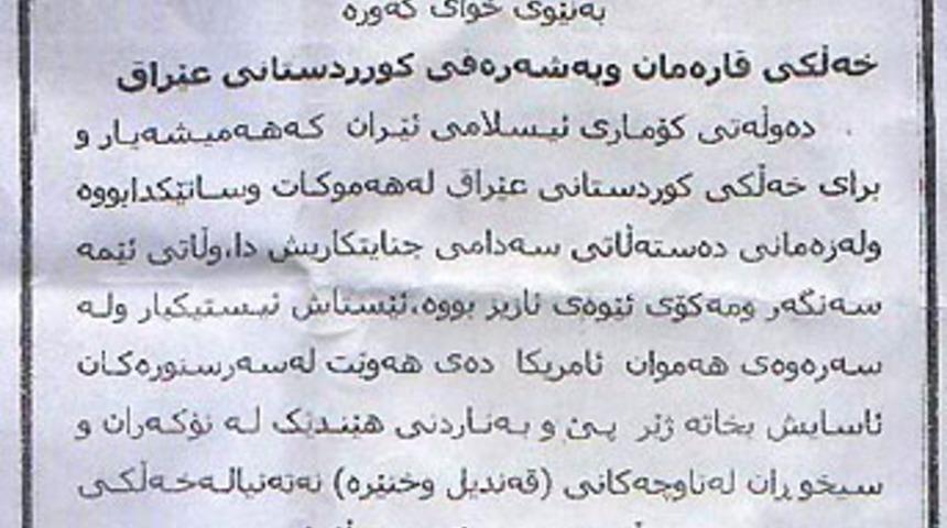 K&uuml;rt k&ouml;ylerine tehdit mektubu