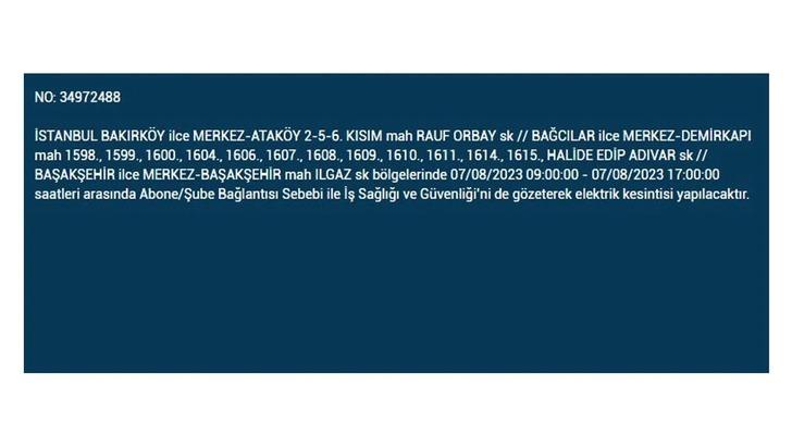 İstanbul'da elektrik kesintisi! Bedaş uyardı, o ilçeler karanlığa gömülecek! İşte 7 Ağustos 2023 İstanbul elektrik kesintisi listesi... G3