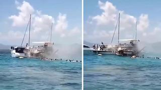 Tur teknesinde yangın dehşeti kamerada! Yolcular denize atlayarak canını kurtardı