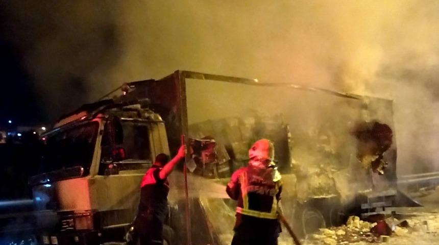 Gıda malzemesi yüklü kamyon küle döndü