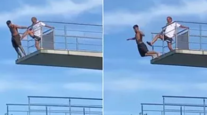 Saatlerce inmesi için dil döktü! Cankurtaran 10 metrelik yükseklikten korkan adamı böyle aşağıya itti