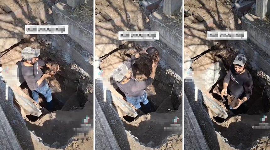 Mezarlıkta skandal görüntüler! Mezardan çıkardığı kemikleri fırlatıp alay etti