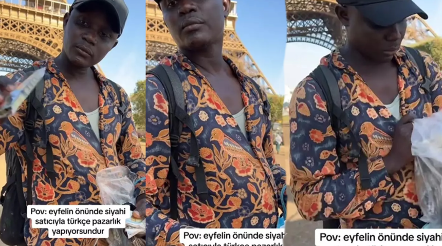 Eyfel Kulesi'nin önünde Türkçe pazarlık! Siyahi satıcı ve Türk müşterinin arasındaki diyalog sosyal medyada gündem yarattı