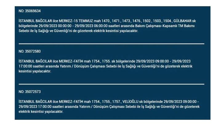 İstanbul'da elektrik kesintisi! Saatlerce sürecek! İşte 29 Eylül 2023 İstanbul elektrik kesintisi listesi... G2