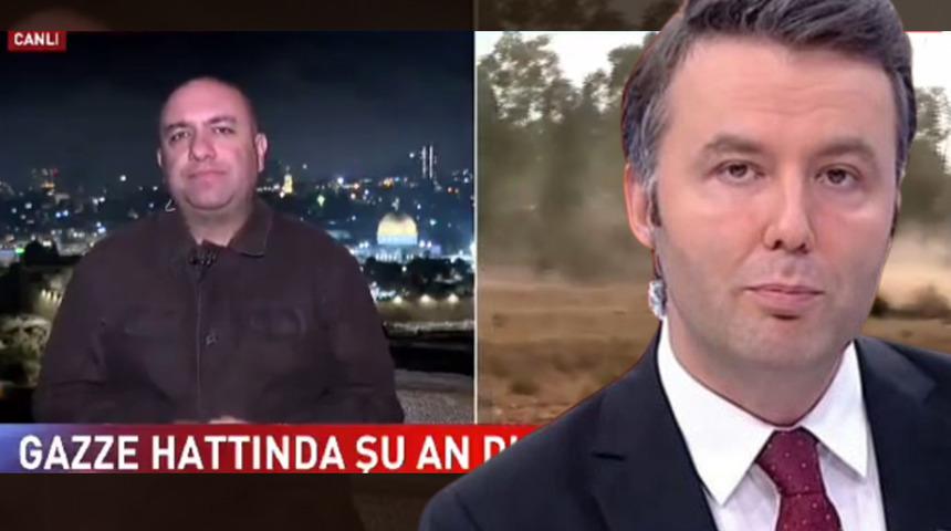 Canlı yayında dikkat çeken anlar! Kudüs'ten bildiriyordu... Banttaki yazıyı fark eden sunucu hemen müdahale etti, saniyeler sonra kaldırıldı