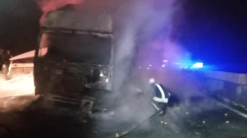 Mersin'de narenciye yüklü tır seyir halindeyken yandı