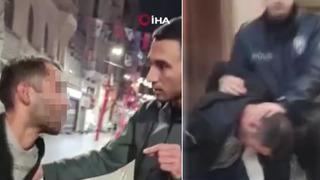 İstiklal Caddesi'ndeki Türk bayraklarına çirkin saldırı! Devlet büyüklerine hakaret etti, yanına gelen kişi de onu savundu