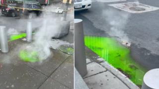 Yer: New York! Bilim kurgu filmi değil gerçek: Kanalizasyon deliklerinden sızan gizemli yeşil balçık gündem yarattı... Üzerinden dumanlar çıkıyor