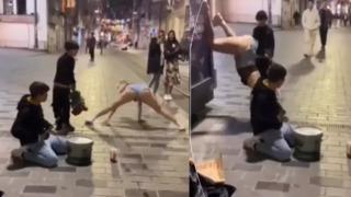 Yer: Taksim! Müziğin ritmine kendisini kaptıran kadın sokak ortasında dans etti! Twerk yaptı yetmedi spagat açtı