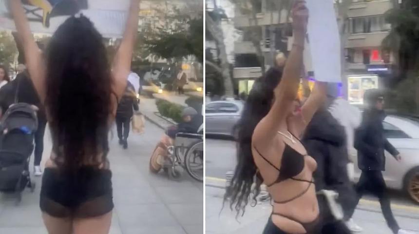 Manken Melisa Aydınalp'in pankartını yırtıp yere attılar! Bağdat Caddesi'ne yine yarı çıplak çıktı, tansiyon yükseldi