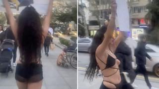Manken Melisa Aydınalp'in pankartını yırtıp yere attılar! Bağdat Caddesi'ne yine yarı çıplak çıktı, tansiyon yükseldi