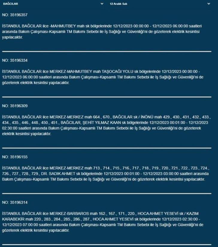 İstanbul'da büyük elektrik kesintisi! 20 ilçe karanlığa gömülecek!  İşte AYEDAŞ - BEDAŞ 12 Aralık 2023 İstanbul elektrik kesintisi listesi... G3