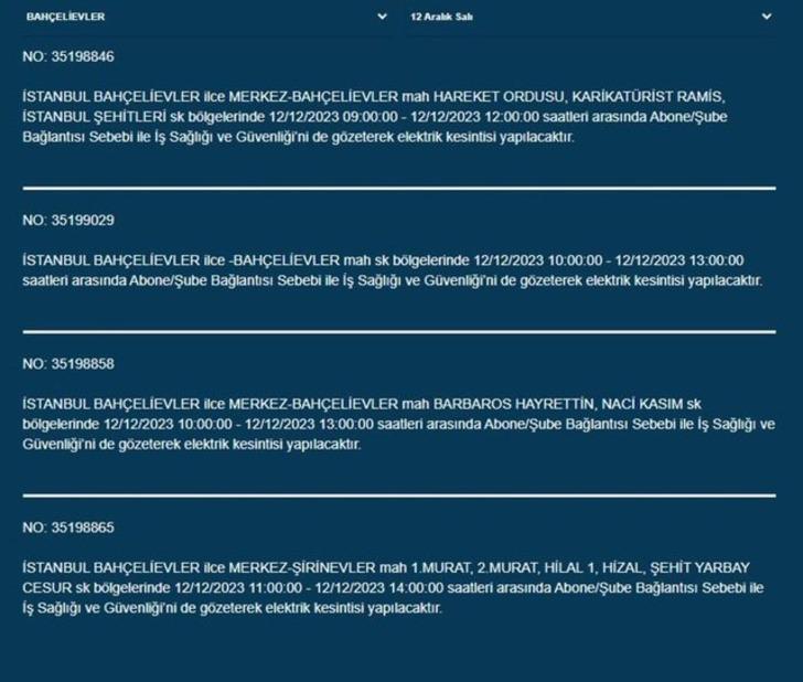 İstanbul'da büyük elektrik kesintisi! 20 ilçe karanlığa gömülecek!  İşte AYEDAŞ - BEDAŞ 12 Aralık 2023 İstanbul elektrik kesintisi listesi... G4