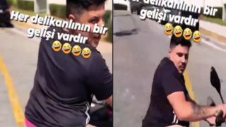 Pembe iç çamaşırıyla motosiklete bindi! Her delikanlının bir gelişi vardır paylaşımı sosyal medyada gündem oldu