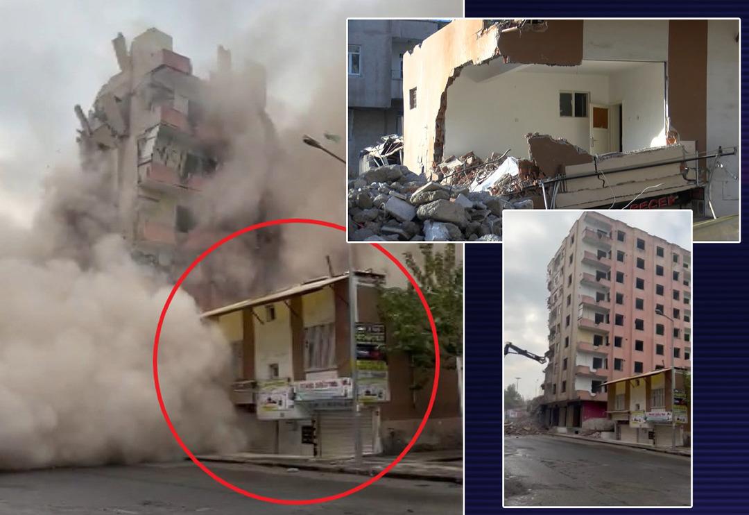 Ağır hasarlı bina yıkım sırasında yanındaki evin &uuml;zerine devrildi! O anlar kamerada