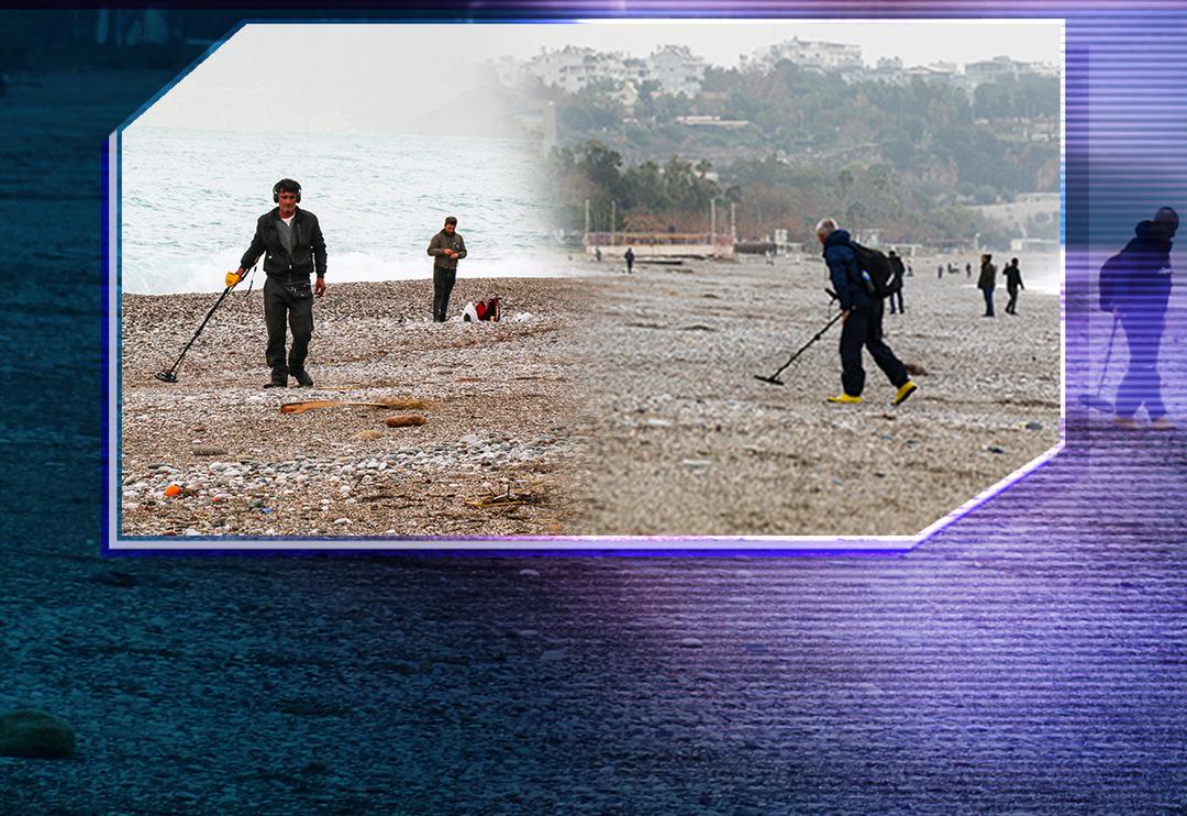 Turistlerin d&uuml;ş&uuml;rd&uuml;ğ&uuml; ziynet eşyalarını dedekt&ouml;rle aradılar! Fırtına sonrası Konyaaltı Sahili definecilere ekmek kapısı oldu