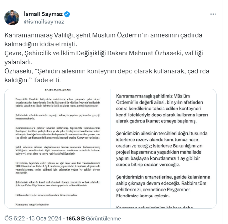 Şehit Müslüm Özdemir'in ailesiyle ilgili detay gündem olmuştu! İsmail Saymaz paylaştı: 'Bakan Özhaseki, Kahramanmaraş Valiliğini yalanladı' G5