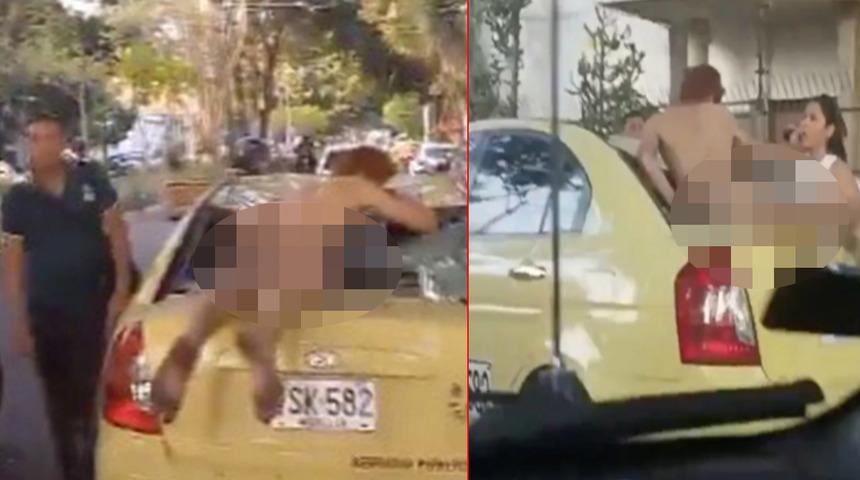 Kimse ne olduğunu anlayamadı! Çıplak adam ağaçtan taksinin üzerine düştü... İzleyenleri şaşkına çeviren anlar