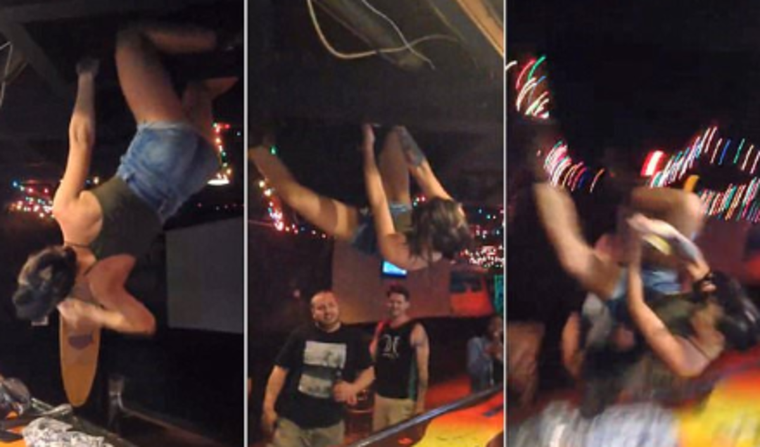 Sarhoş kadın tavana tutunarak ters bir şekilde twerk yaptı! Dengesini kaybedince kendisini yerde buldu... Saniye saniye kamerada